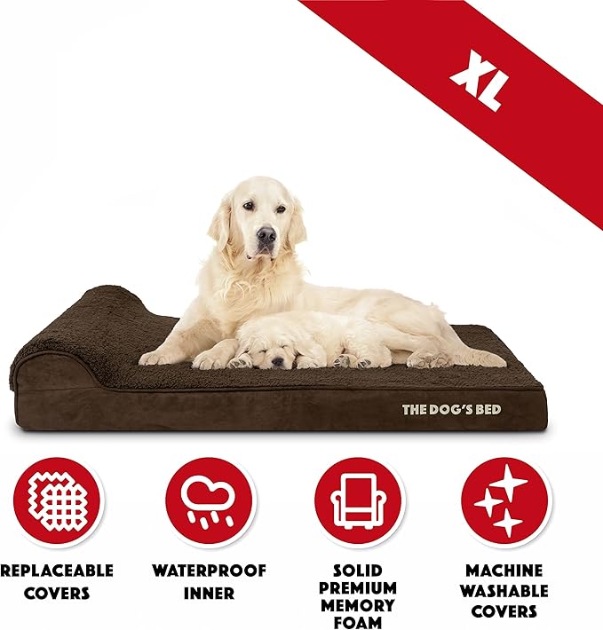 The Dog’s Bed Orthopedic Memory Foam Dog Bed with Headrest, Calming Surface – CertiPUR-Certified Foam, Plush Fabric, Brown Plush, XL, 4-Inch