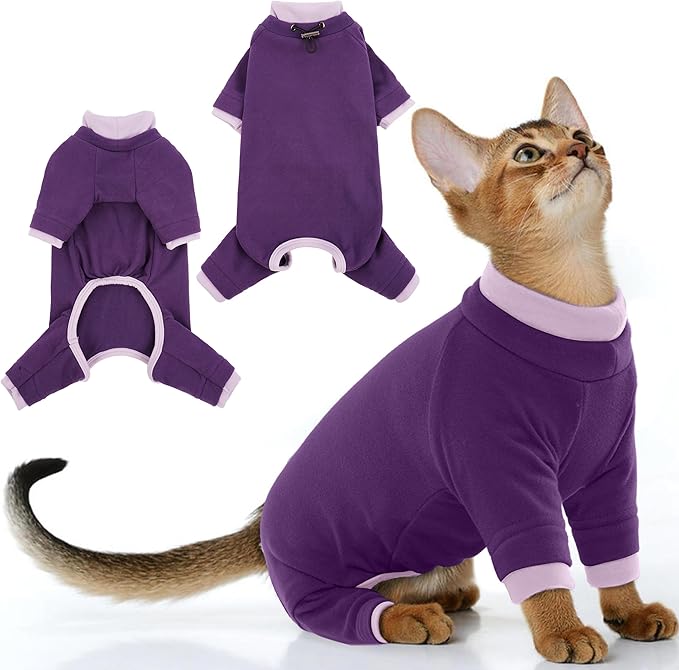 PUMYPOREITY Cat Recovery Suit, Stops Wound Licking After Surgery, Sticky Hair Shirt with Sticky Fabric, Cat Pajamas Prevents Over-Grooming, Purple, S