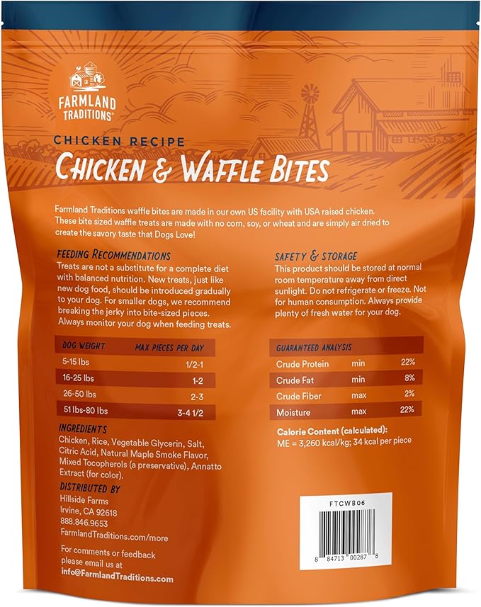 Farmland Traditions Chicken & Waffle Bites, Gluten-Free Dog Treats, Made in USA for All Breeds & Sizes, 1 Pound Bag