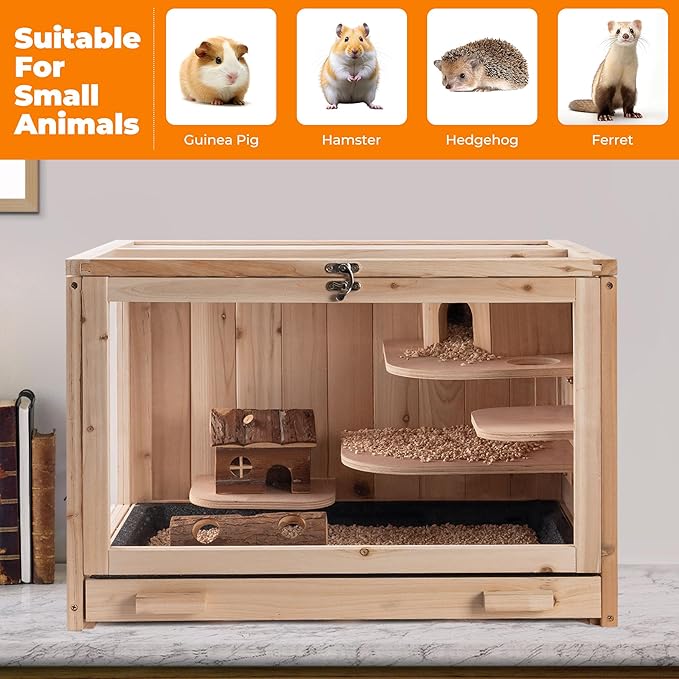 RUNSHED Hamster Cage Wooden Chew Proof, Large Hamster Cages and Habitats, Openable Top with Acrylic Sheets, Solid Built Small Animal Cage,Easy to Assemble