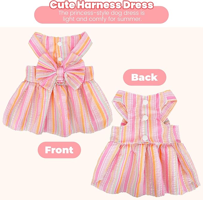 Pet Dog Harness Dress, Cute Striped Pattern with Bow, Princess Puppy Dresses with Button Closure, Summer Dog Clothes for Small Dogs Girl (Pink, Large)