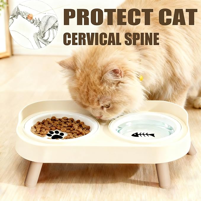 Elevated Cat Bowls, 2 Ceramic Raised Cat Food and Water Bowl Set, Prevent Cat Chin Acne, Whisker Fatigue Friendly, Splash Proof & Dishwasher Safe for Indoor Cats and Small Dogs - White