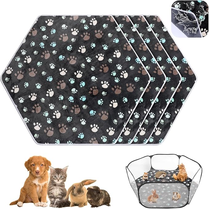 Preboun 4 Pcs 47 in Guinea Pig Playpen Pad Waterproof Hexagon Mat Reusable Dog Playpen Liner for Small Animal Rabbit Cage Tent Pee Pad Washable Yard Fence(Black Paw)