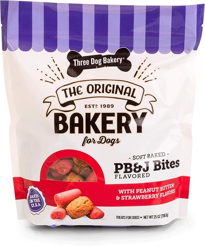 Three Dog Bakery Soft Baked PB&J Bites, Peanut Butter & Strawberry Flavor, Premium Treats for Dogs, 24 Ounce Box,114008