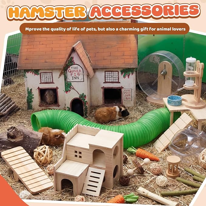 40 Pcs Hamster Cage Accessories, 9.5'' Exercise Wheel, Wood Platform Hideout House, Water Bottle, Sand Bath, Bowl, Chew Toys for Syrian Hamsters Mice Gerbils Habitat Decor(Fun Style)