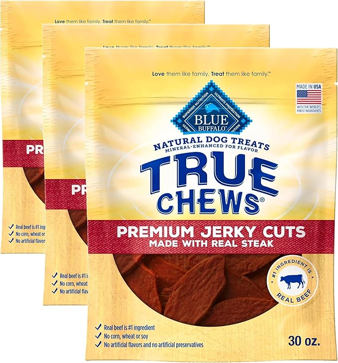 Blue Buffalo True Chews Premium Jerky Cuts Dog Treats, Made in The USA with Natural Ingredients, Beef, 30-oz Bag (Pack of 3)