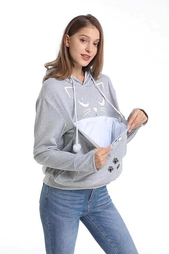 ALYC Unisex Hoodies Pet Holder Cat Dog Kangaroo Pouch Carries Pullover with Cat Printing Sweatshirt (Light Grey, S)