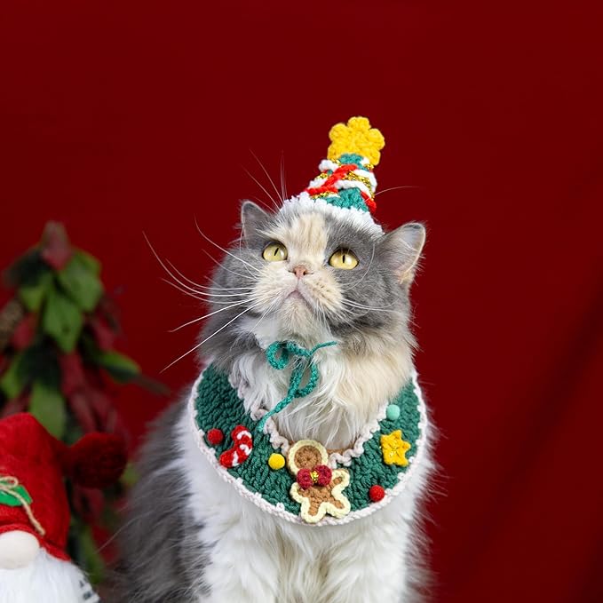 Christmas Dog Costume,Handmade Cat Holiday Outfit with Christmas Tree Hat & Gingerbread Man Scarf Set,Adjustable,Lightweight & Breathable Pet Accessories for Rabbit Xmas Party & Photos