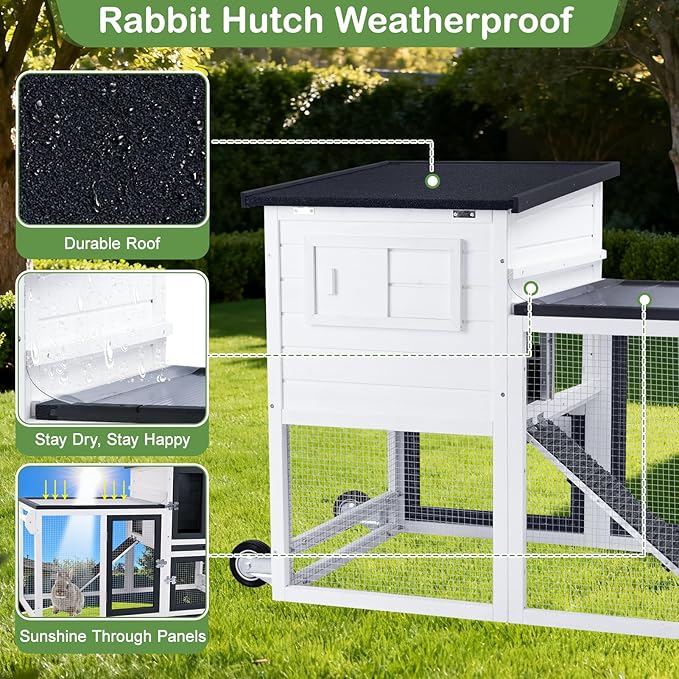 Bunny Hutch Outdoor with Chew-Proof Aluminum Frame 2-Story Indoor Rabbit Hutch Wooden with Wheels and Slide-Out Tray