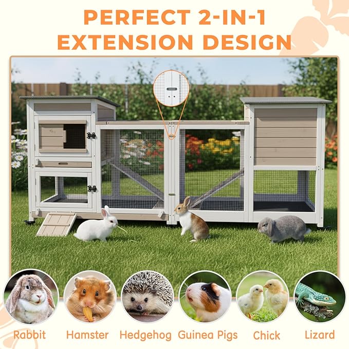 Rabbit Hutch Indoor Outdoor, 2-Story Bunny Cage Bunny Hutch Rabbit Cage with 2 Removable Trays, Metal Wheels, and UV Panel, Guinea Pig Pet House Hamster Cage