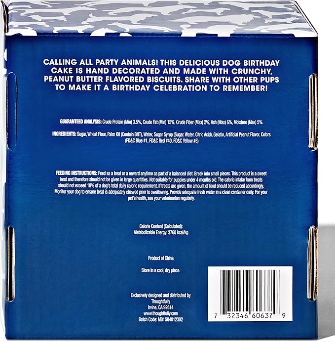 Thoughtfully Pets, Blue Dog Happy Birthday Mini Cookie Cake, Blue, Peanut Butter Flavored, Hand Decorated Hollow Biscuit Cake for All Dog Breeds