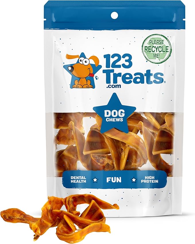 123 Treats Pig Ears Strips for Dogs - (8 Ounce) 100% Natural, Long Lasting & Highly Digestible Chew Treats, Single Ingredient, Slow Baked, Great for Puppy, Large & Medium Dogs