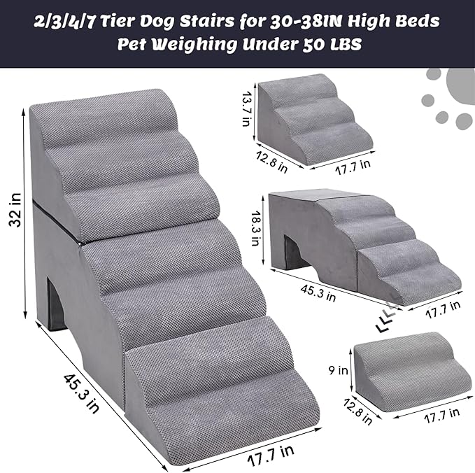Dog Stair for High Beds 32 inches Tall, 33D Foam Dog Ramp for Bed 32 inches, 7-Step Pet Stair Steps for Small Large Dogs for Bedsides Climbing, Non-Slip Doggie Steps for Older Dogs/Cats, Grey