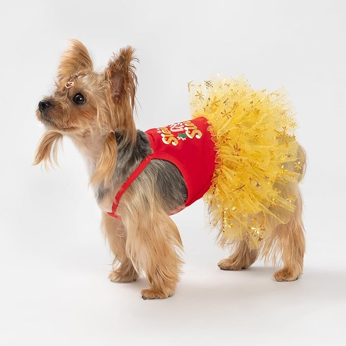 Fitwarm Sleigh Girl Sleigh Dog Tutu Dress, Fancy Christmas Clothes for Small Dogs Girl, Funny Holiday Pet Outfit, Red, Golden Yellow, XXS