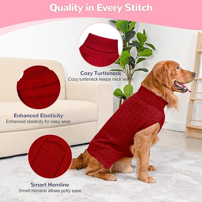 2 Pack Dog Sweaters for Large Dogs Winter Turtleneck Pullover Cable Knit Fleece Stretch Pitbull Labrador Golden Retriever Doberman Bulldog Boy Girl Pet Clothes (XXL, Pink & Red)