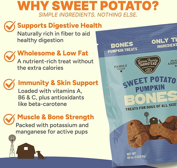 Gaines Family Farmstead Pumpkin & Sweet Potato Dog Bones, 4 Pack - 40 oz Bags, Natural, Grain-Free Dog Treats for Digestive Health & Immunity – High-Fiber, Vitamin-Rich Chews, Made in USA