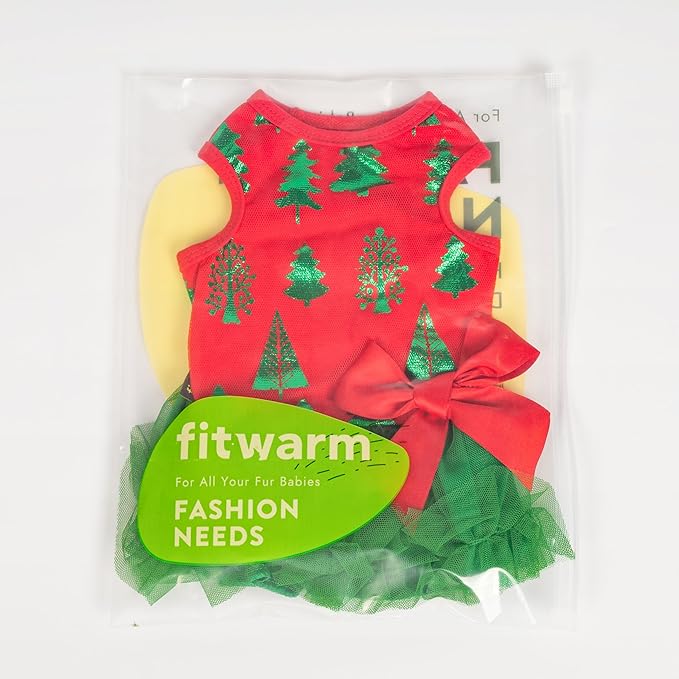 Fitwarm Christmas Tree Dog Tulle Dress, Christmas Clothes for Small Dogs Girl, Holiday Pet Outfit, Red, Green, Small