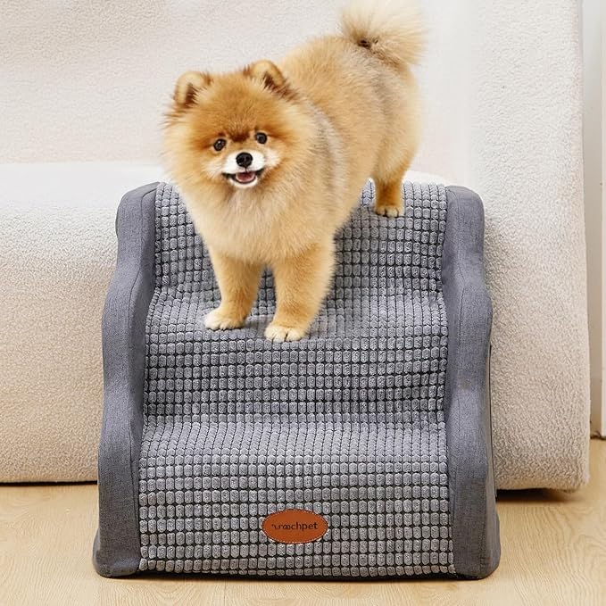 Woochpet 15.7”H Ramp Dog Stairs for Small Dogs, Side Armrest 3 Tier Wider Curved Pet Stairs for Couch and Beds，High-Density Foam Indoor Dog Steps with Non-Slip Bottom and Washable Cover for Old Cats