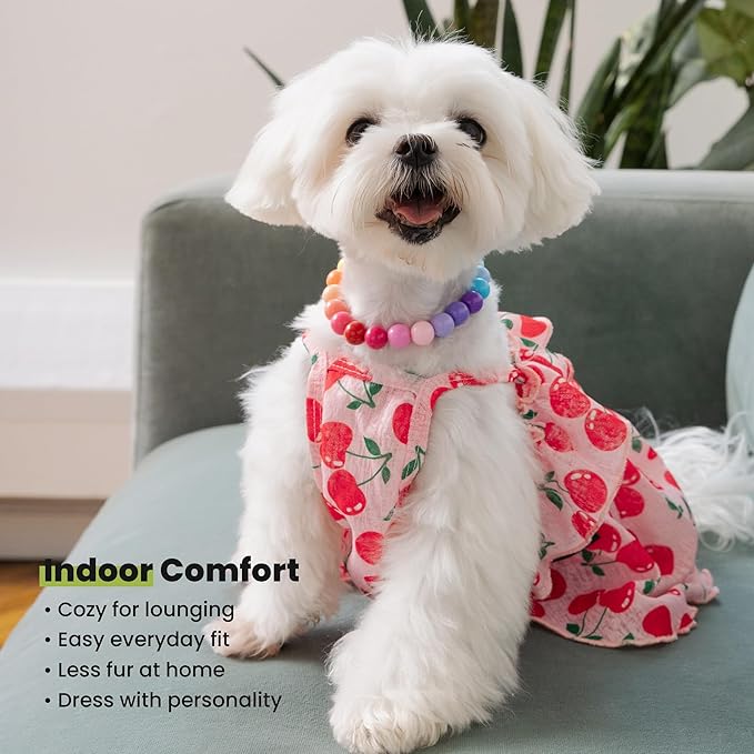 Fitwarm Cherry Dog Dress - Ruffled Hawaiian Girl Dog Clothes, Pink, Large