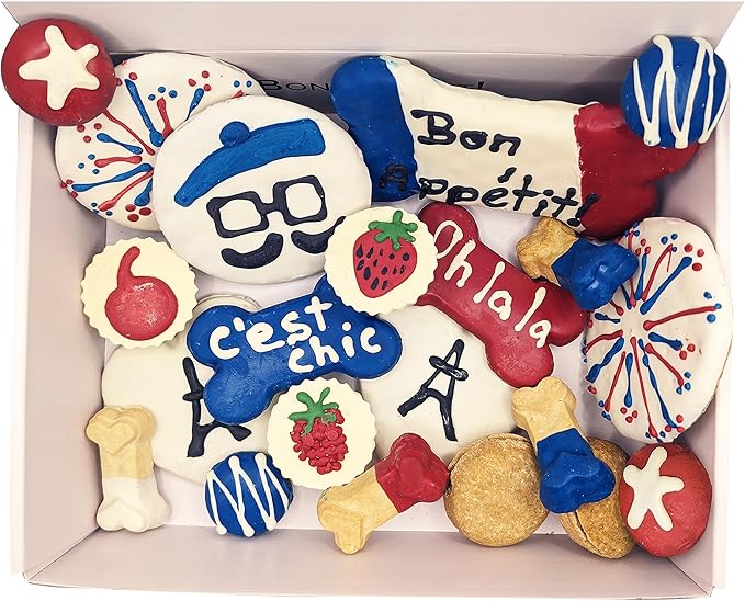 Bonne et Filou French Style Dog Treats, Gourmet Gift Box, 21 Luxury Macarons, Truffles & Bone Cookies, Healthy & Delicious Snacks for Medium to Large Dogs