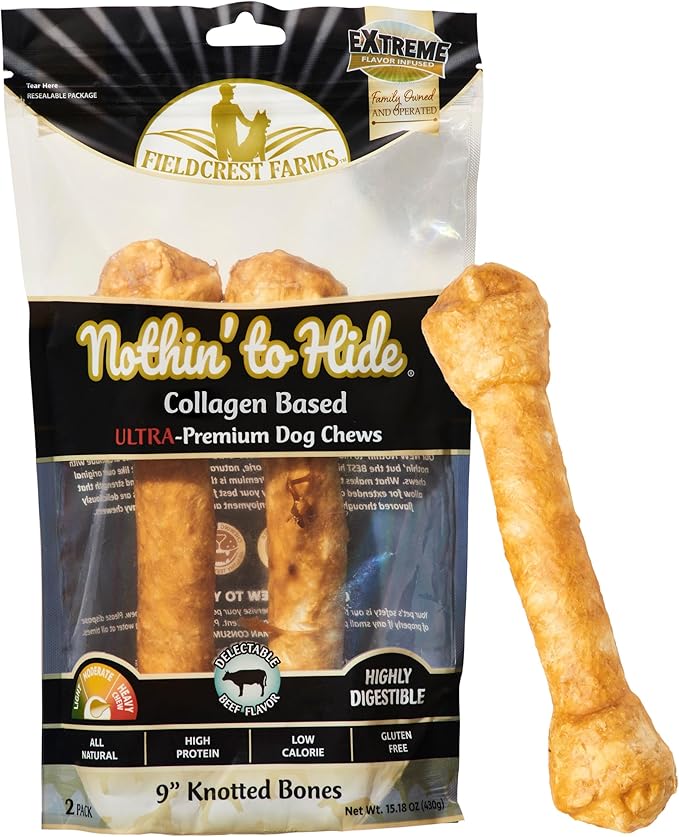 Fieldcrest Farms Nothin’ to Hide Ultra Knotted Bones – Collagen-Based Rawhide Alternative Dog Chews, Beef Flavor, Highly Digestible for Aggressive Chewers up to 35 lbs, 9-Inch, 2 Pack
