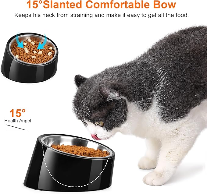 Tilted Dog Bowl Non-Slip & Non-Spill Pet Feeder with Elevated Detachable Melamine Stand, Easy to Get Food Dog Dish, M/180ml Black