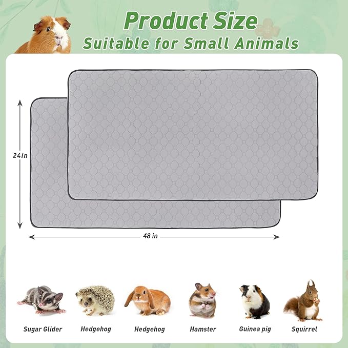 2Pack Guinea Pig Cage Liners, LWYMX 24''X48'' Washable Guinea Pig Pee Pads, Non Slip Reusable Super Absorbent Guinea Pig Training Mat Bedding Fleece for Small Animals Hamster Rabbit Chinchilla Rat