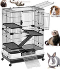 X-Large 32”L in/Outdoor Small Animal Rabbit Home Ferret Cage Bunny Hutch Adjustable Paw Safe Platform Ladder Raised Bottom Mesh Floor Easy Pull Out Washable Deep Tray Lockable Wheels