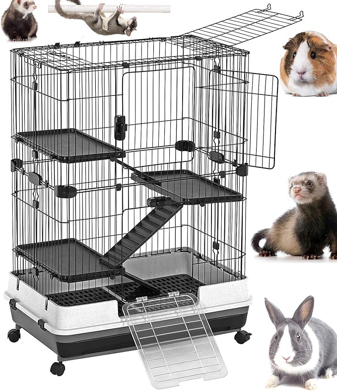 X-Large 32”L in/Outdoor Small Animal Rabbit Home Ferret Cage Bunny Hutch Adjustable Paw Safe Platform Ladder Raised Bottom Mesh Floor Easy Pull Out Washable Deep Tray Lockable Wheels