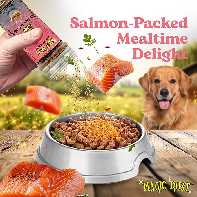 Wild Meadow Farms - Magic Dust Salmon Jerky Topper, Single Protein Pet Food Topper for Dogs & Cats, Enhance Flavor & Elevate Mealtime Excitement for Picky Eaters - 3.5 Ounce Bottle in Salmon Flavor