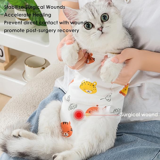 Cat Recovery Suit for Spay & Surgery – Breathable Anti-Lick Cone Alternative Onesie, Adjustable Velcro (White, M)