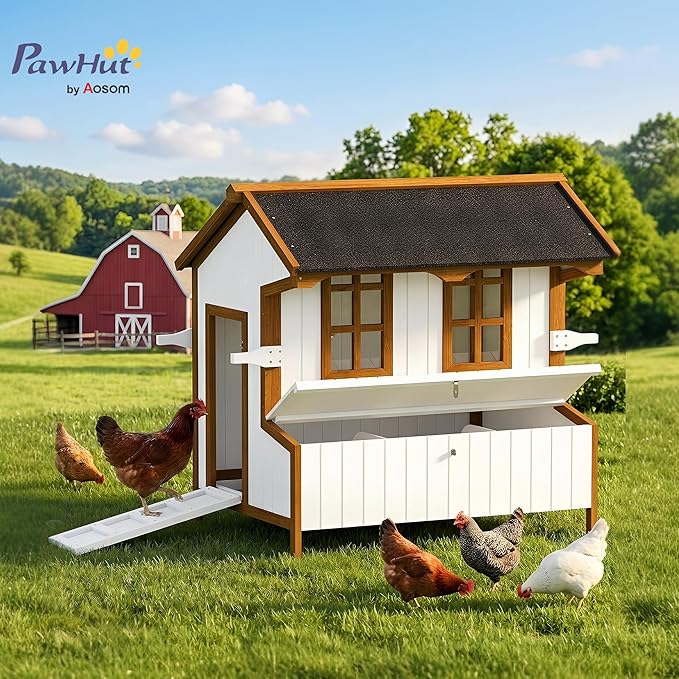 PawHut 47" Chicken Coop, Wooden Chicken House Raised Rabbit Hutch with Waterproof Roof, Nesting Box and Handles for 3-5 Hens, Poultry Cage Portable Hen Pen for Backyard
