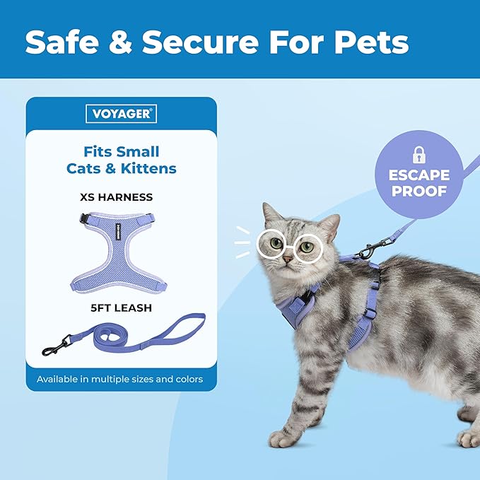 Voyager Escape-Proof Step-in Lock Cat Harness & 5ft Neoprene-Handle Leash Set All-Weather Mesh with Reflective Stitching for Small to Large Cats by Best Pet Supplies, Lavender (327), XS