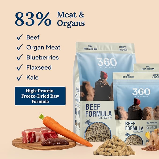 360 Pet Nutrition Freeze-Dried Raw Dog Food – Beef Recipe with Liver & Organs, High Protein with Omega-3s, Fruits, Veggies & Superfoods, Grain-Free, No Filler 4 x 16 oz Made in USA