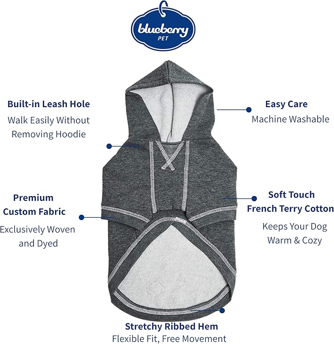 Blueberry Pet Essentials Dog Hoodie – 14 inch, Cotton‑Blend Sweatshirt with Hood, Charcoal Grey, Machine‑Washable Small‑Dog Jersey