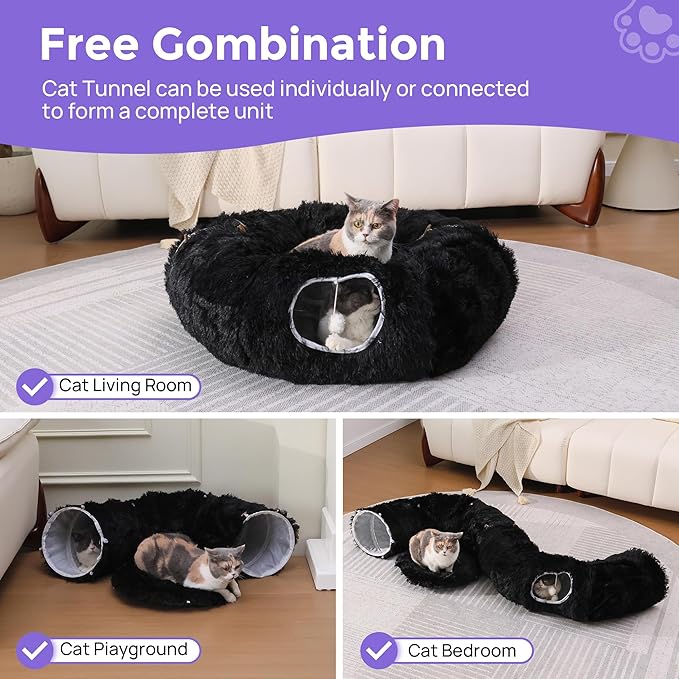 Cat Tunnel with Bed – Soft Plush Peekaboo Donut Cave for Indoor Cats | Under Christmas Tree Hideaway & Multifunctional Playground Toy for Kittens, Rabbits, Ferrets (Long-Pile Fabric Black)