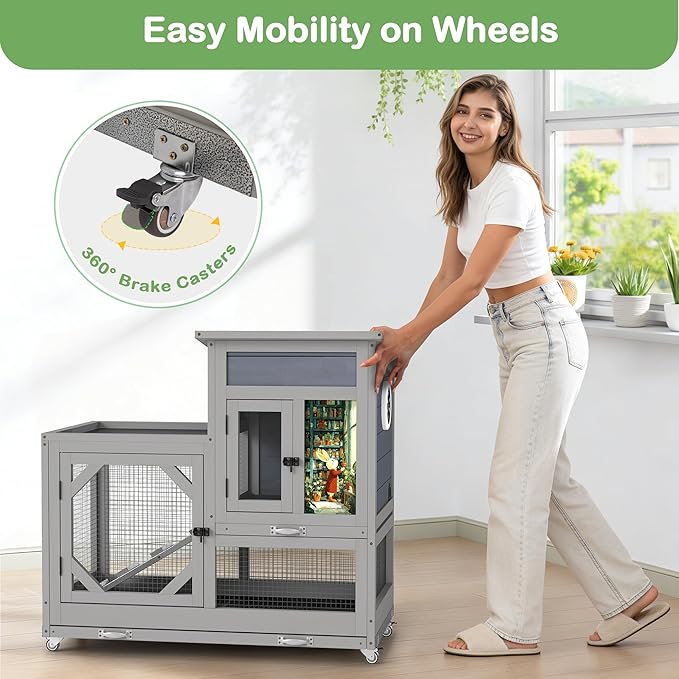 COZIWOW Rabbit Hutch Indoor Outdoor with No-Spill Design, 2 Wire Floors & Removable Trays, 2-Story Large Wooden Bunny Cage on Wheels, Chewproof Ramp for Multiple Small Animals, Gray