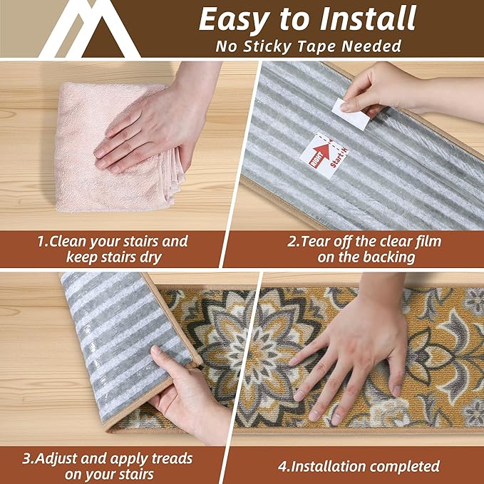 COSY HOMEER-Stair-Treads-for-Wooden-Steps Washable Indoor Carpet Stair Treads Non Slip 8" X 30" Soft Stair Carpet Treads Reusable Peel and Stick Stair Runner Rug for Kids, Elders and Pets 4pcs