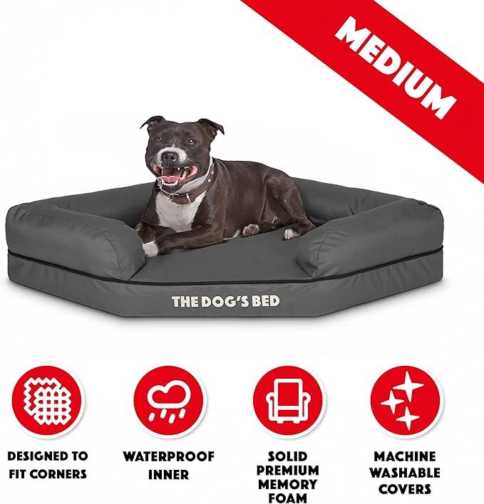 The Dog’s Bed Orthopedic Memory Foam Corner Dog Bed, Calming Surface – CertiPUR-Certified Foam, Oxford Fabric, Grey with Black Trim, Medium