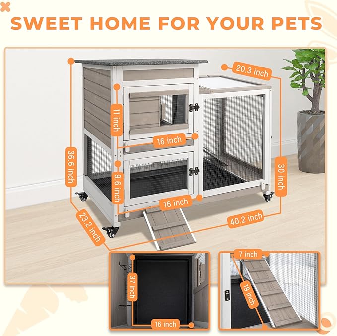 Rabbit Hutch Indoor Outdoor, 2-Story Bunny Cage Bunny Hutch Rabbit Cage with 2 Removable Trays, Metal Wheels, and UV Panel, Guinea Pig Pet House Hamster Cage