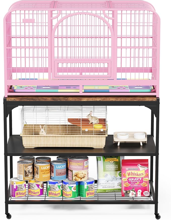 3-Tier Mobile Small Animal Cage Stand with Wood Tabletop, Lockable Caster Wheels, Storage Shelves for Small Animal Habitat for Hamster, Rabbit, Guinea Pig, Furniture Style Design