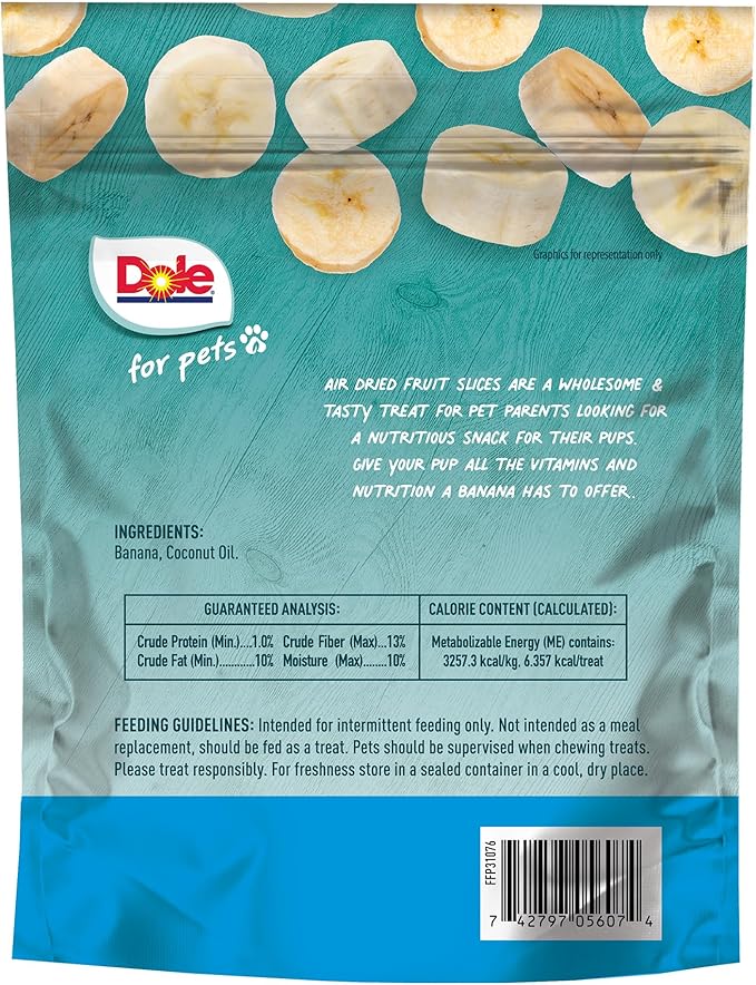 Dole for Pets Air Dried Banana Dog Treats, Single Ingredient Dog Treats Made with Real Banana, No Wheat, Corn, Soy, Artificial Flavors, Colors, or Preservatives, Air Dried Banana Chips, 6 Oz