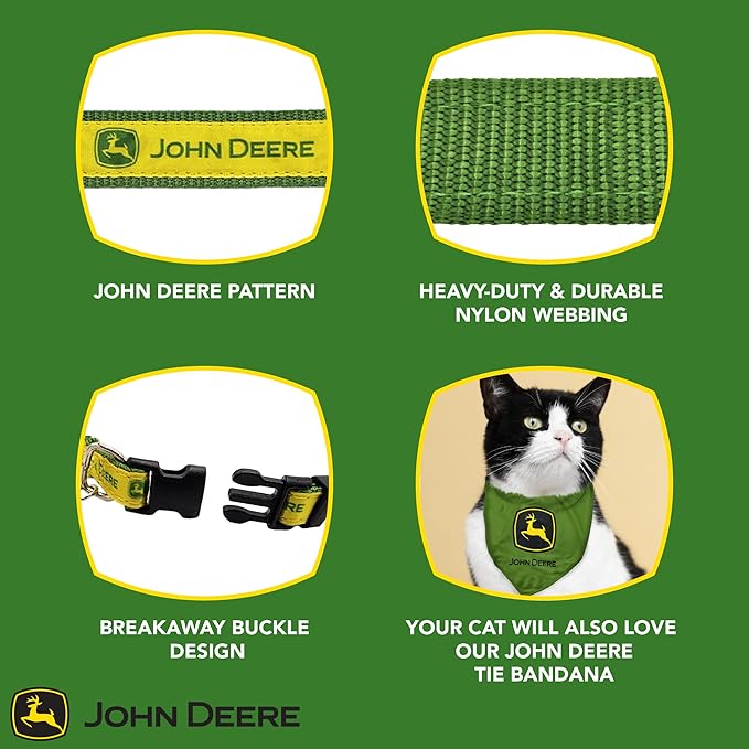 JOHN DEERE CAT COLLAR Adjustable with Cat Bell Pendent. Licensed CAT COLLAR for the Construction, Tractor, John Deere Super Fan! Walk & Run with your CAT in-style with the Pets First John Deere Collar
