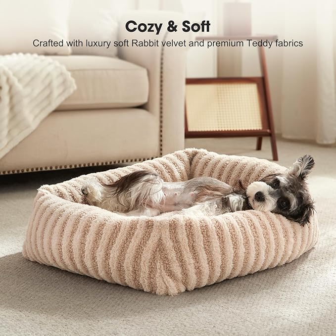 MIXJOY Dog Bed for Medium Small Size Dog, Washable Medium Dogs Bed with Removable Cover, Rectangle Doggy Ded Fluffy Plush Faux Fur Pet Bed with Anti-Slip Bottom, 25"x21"x7", Beige