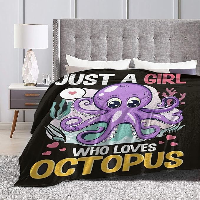 Just A Girl Who Love Octopus Blanket Ocean Octopus Decor Throw Blanket Gifts for Girls Boys Super Warm Soft Plush Fleece Flannel Blanket Winter Couch Bedding Blanket for Adults Kids Women Men 50"X40"
