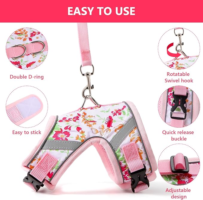 Floral cat Leash and Harness Set. The cat Harness Escape Proof Feature Allows You to Walk You cat, Small Dog or Rabbit Without Worries. This Kitten Harness and Leash is Cute and Trendy