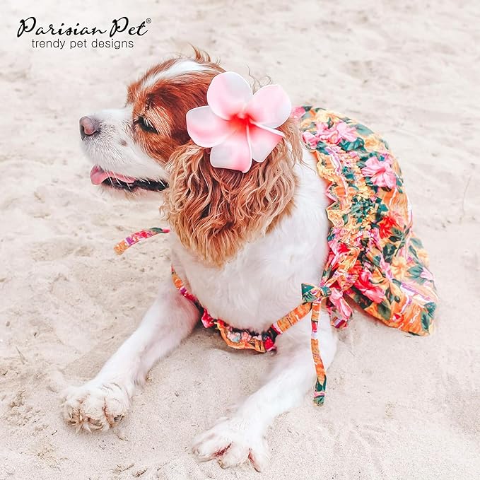 Parisian Pet Hawaiian Dog Dress - 100% Cotton Summer Clothes for Small Dogs Girl - Pet Dress with Pull-Up Straps - Floral Beach Dog Outfit - Lightweight Puppy Clothes - Stylish Dresses for Dogs