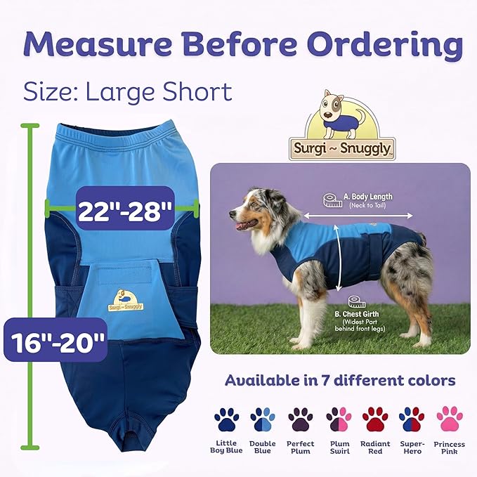 Surgi Snuggly Dog Surgery Recovery Suit - Dog Onesie for Post Surgery Recovery, Female Spay & Male Neuter - Surgical Suit for Dogs, E-Collar Cone Alternative, Double Blue - Large Short - 16"-20" (EC)