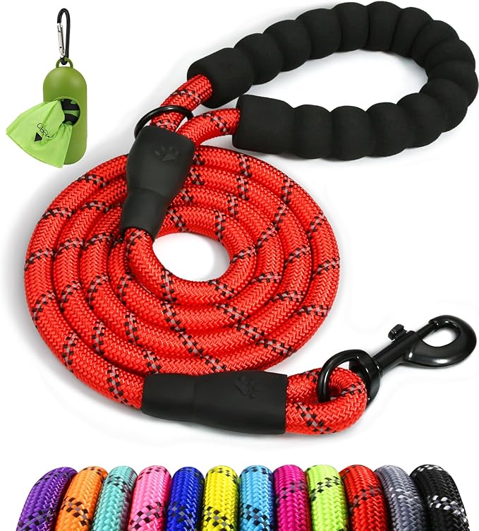 Taglory Rope Dog Leash 4 FT with Comfortable Padded Handle, Highly Reflective Threads Leash and Anti-Tangle Clip for Walking Medium Large Dogs, 1/2 inch, Red