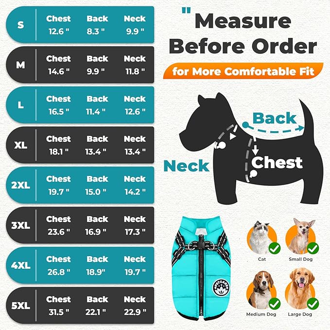 PETCARE Winter Dog Coat with Harness Built in Waterproof Dog Jackets Warm Pet Fleece Vest Windproof Snow Jacket Snowsuit Reflective Dogs Cold Weather Coats for Puppy Small Medium Large Dogs Cats